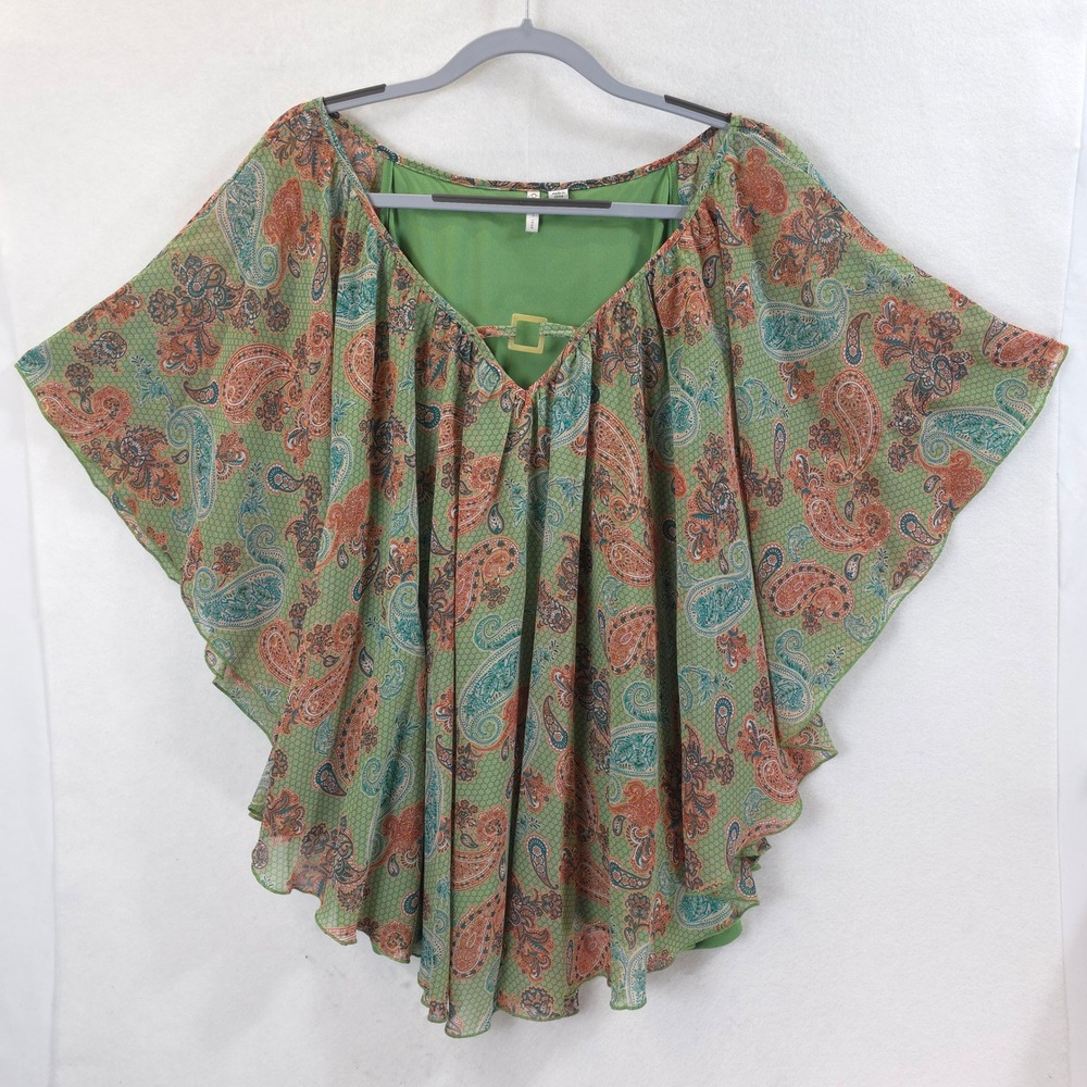 CATO Poncho Blouse Paisley Buckle Green Orange Womens 26/28W Boho Ethereal